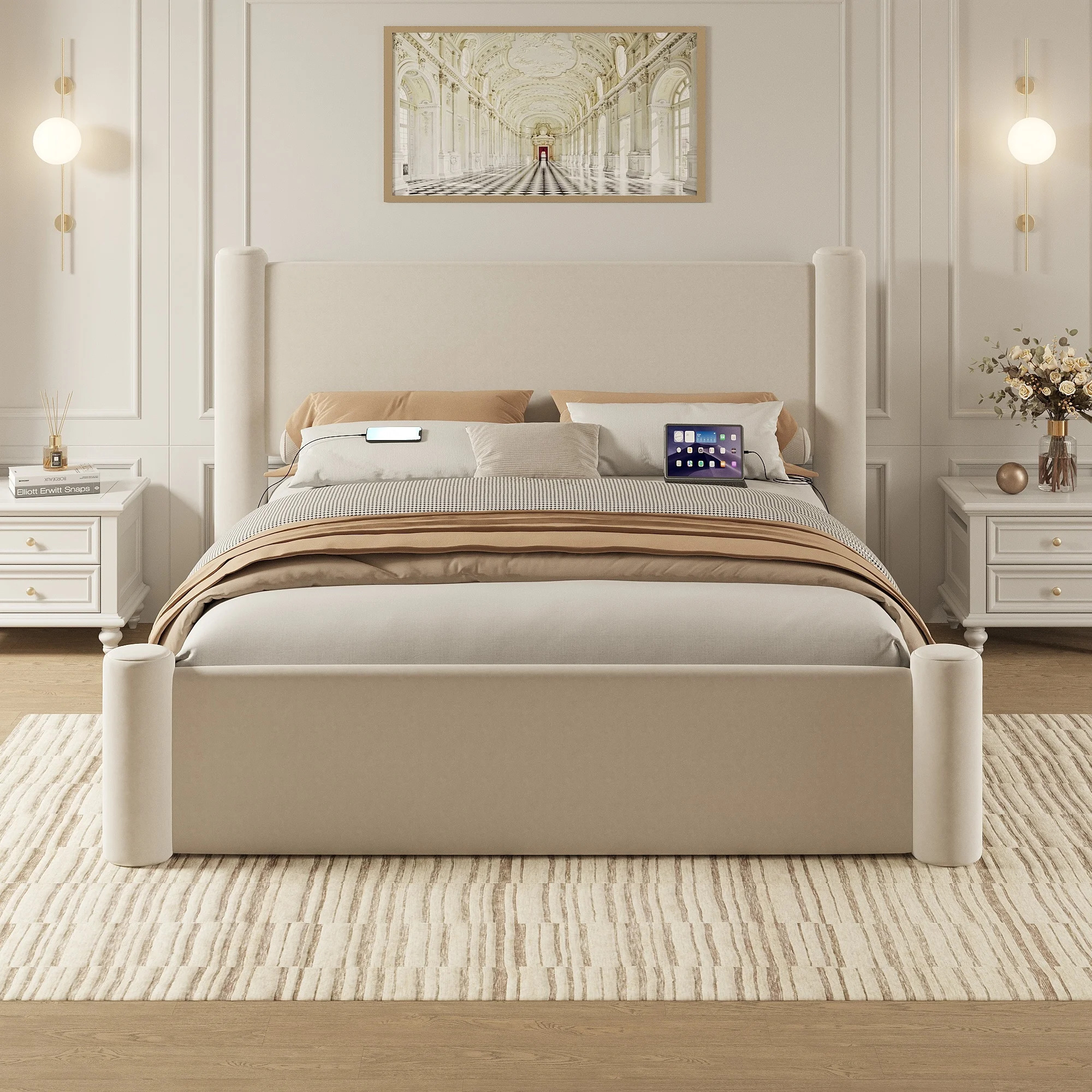 Roskilde Bett 160x200 cm mit Stauraum - Beige Samt