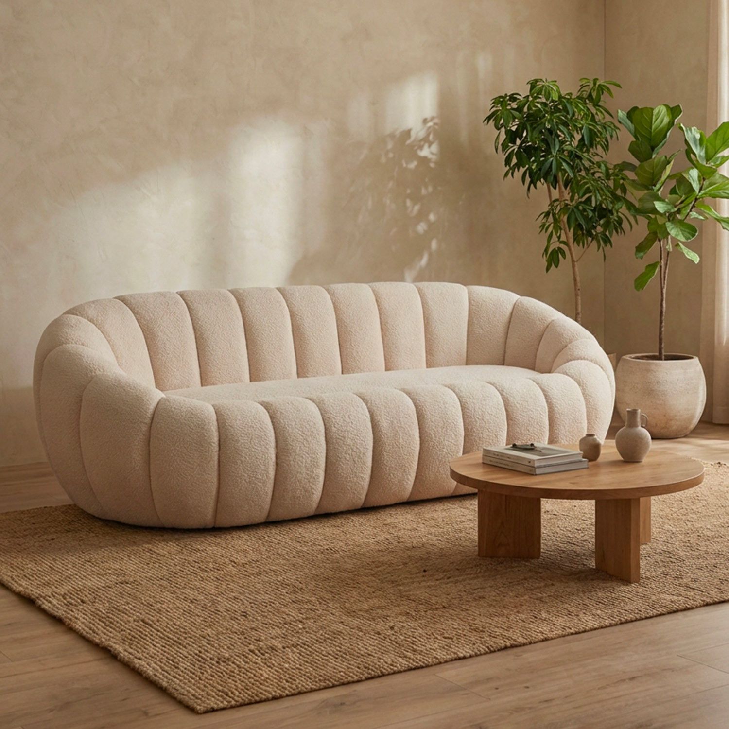 Horsens 3-Sitzer Sofa - Muscheldesign, Bouclé-Stoff in Creme
